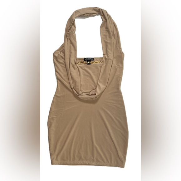 NWT PrettyLittleThing Beige Stone Bodycon Halter Mini Dress Gold Chain UK10 US6 - Picture 8 of 11